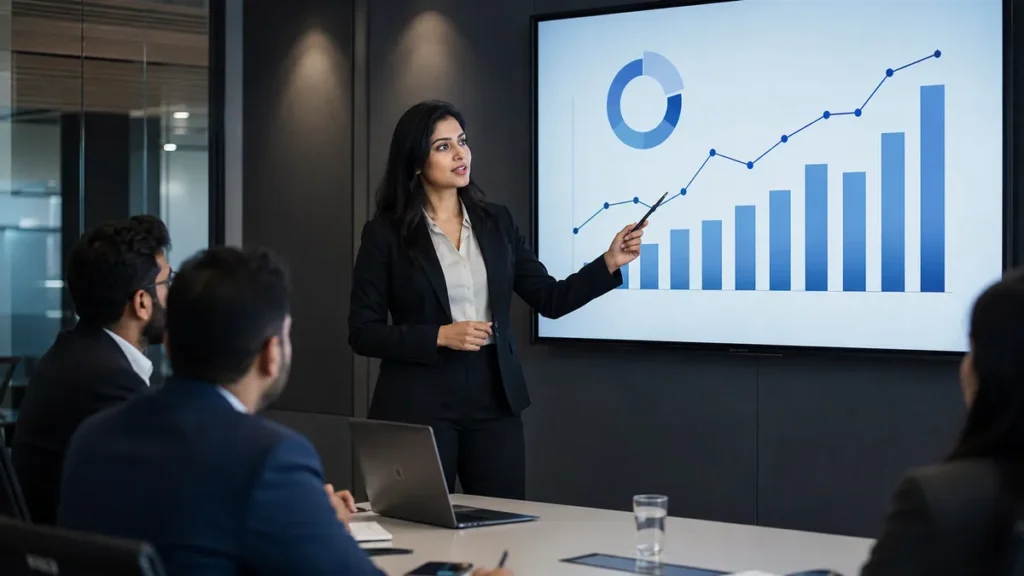 Indian businesswoman presenting a strategy chart during an office meeting
