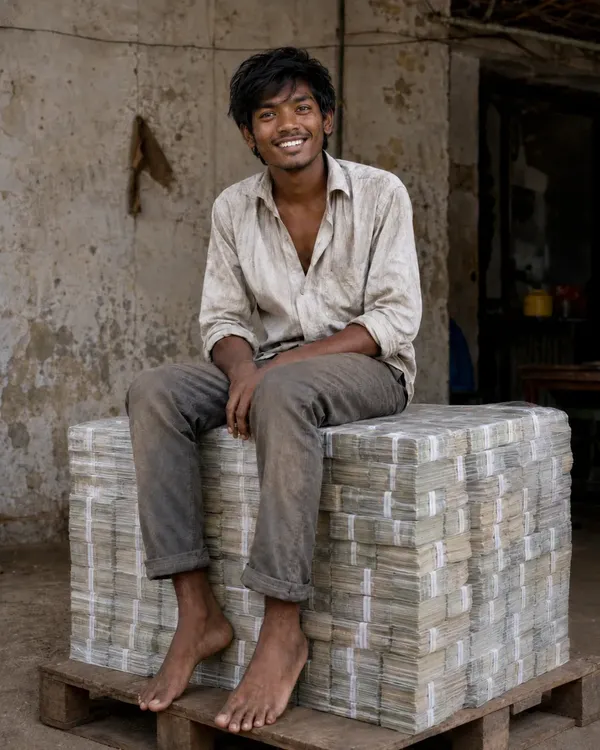 Young Indian man sitting on a wrapped stack of money bundles