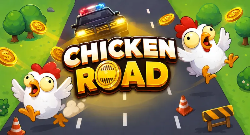 Chicken Road game banner with cartoon chickens, road, coins and police car india