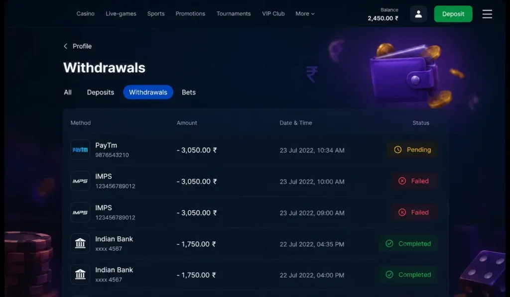 Casino withdrawal history with pending failed and completed statuses