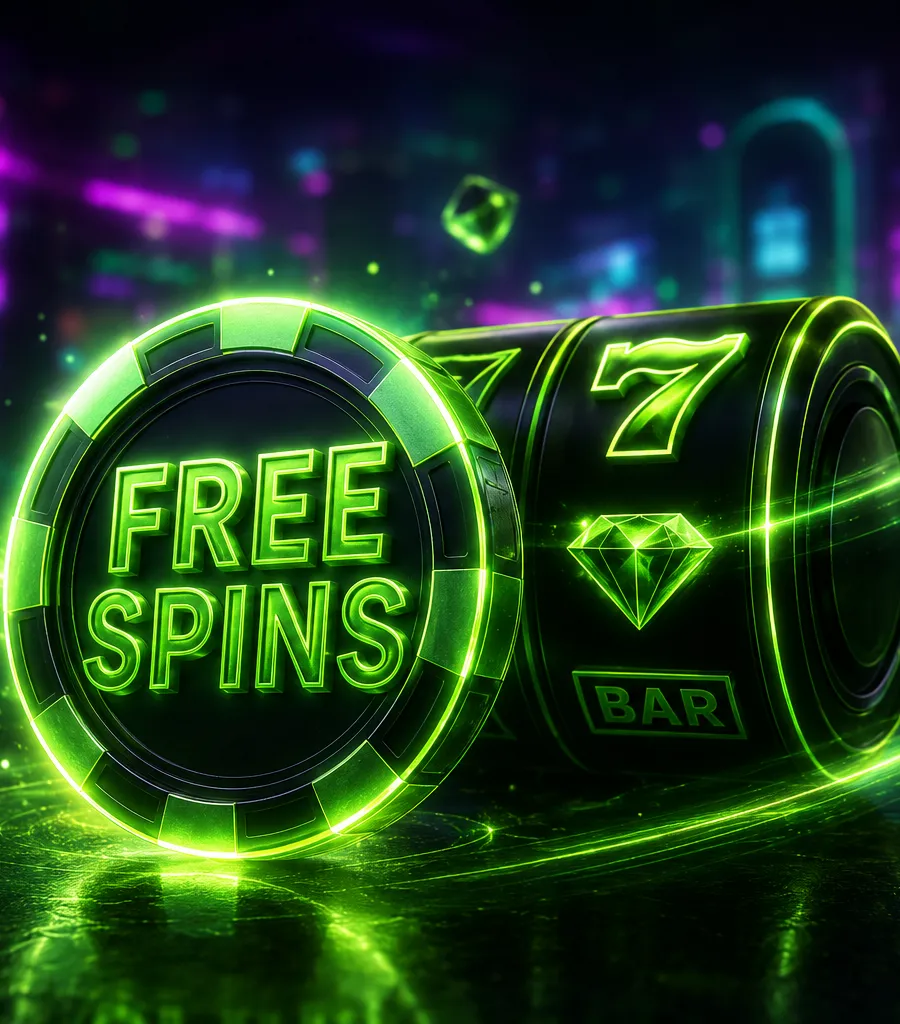 Neon free spins chip and slot reel illustrating a casino deposit bonus