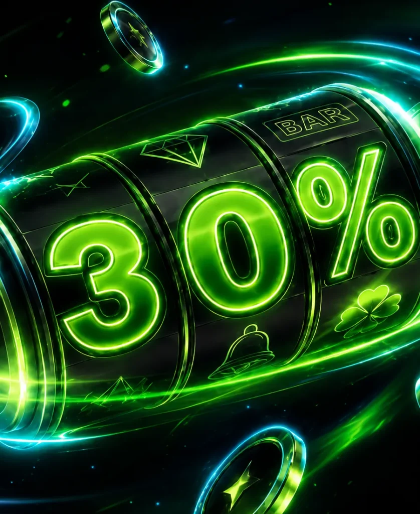Neon casino reel displaying a 30% weekly cashback offer
