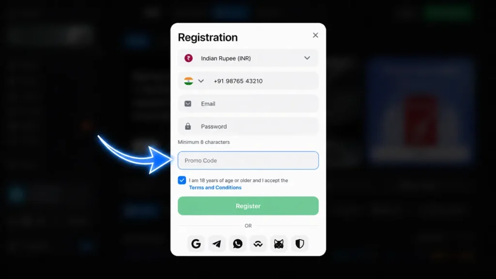 Casino registration form with an arrow pointing to the Promo Code field
