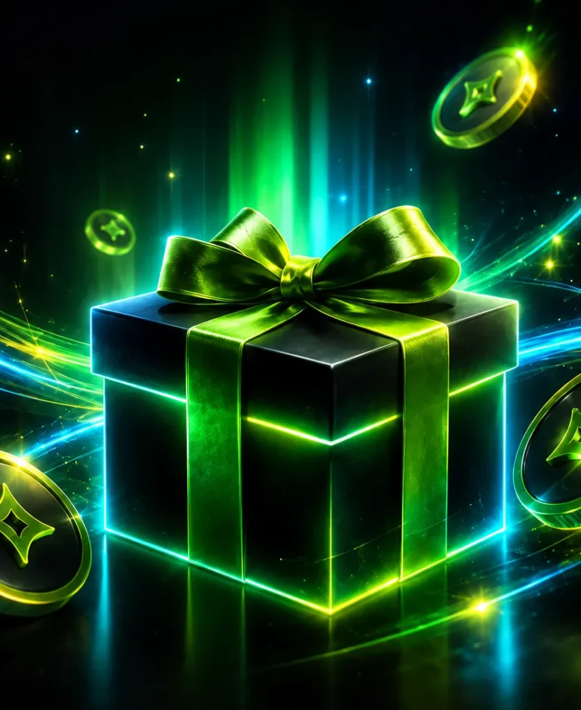 Neon gift box illustrating a casino welcome bonus of up to 600% and 500 free spins