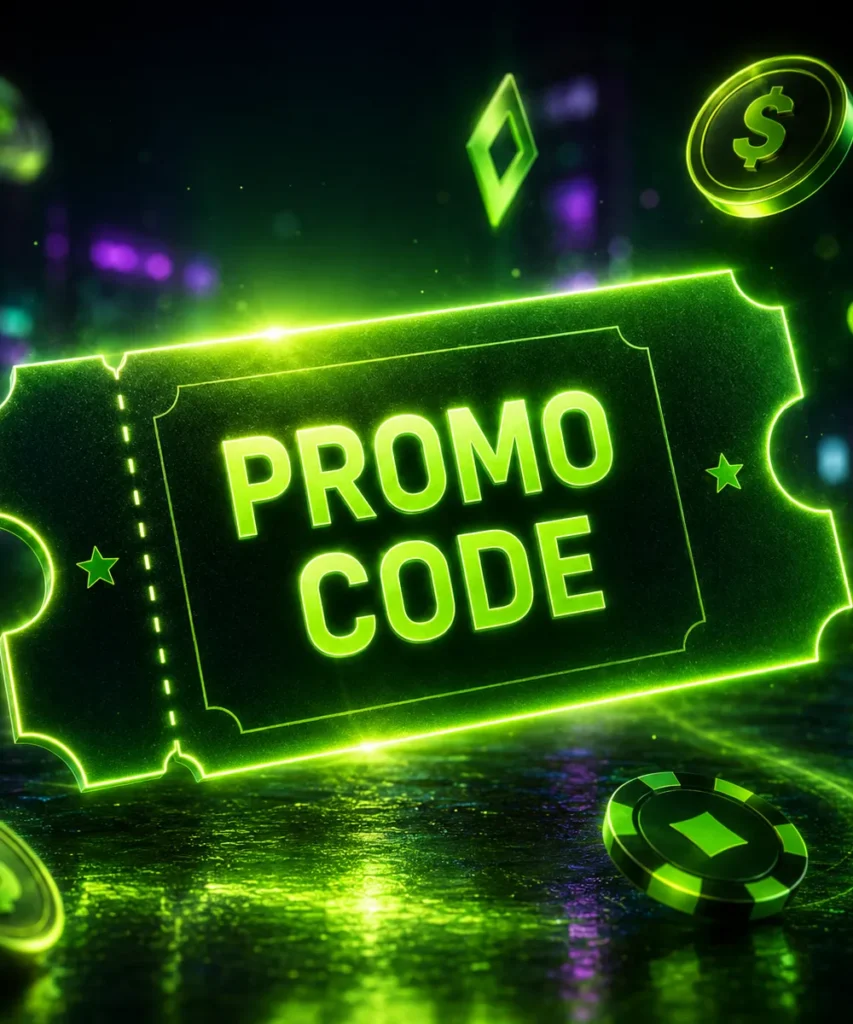 Neon promo code ticket illustrating a casino registration bonus