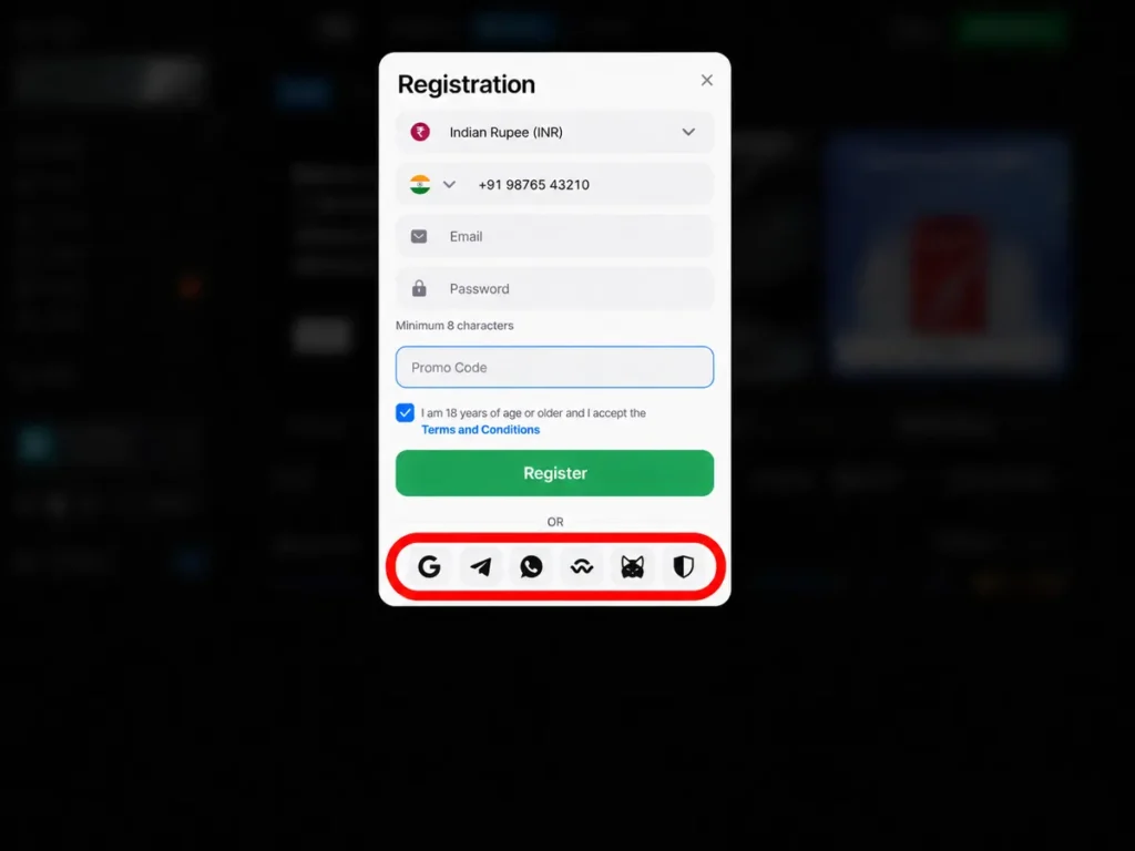 Casino registration form with quick sign-up options highlighted below the main form