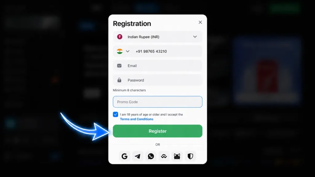 Casino registration form with an arrow pointing to the green Register button