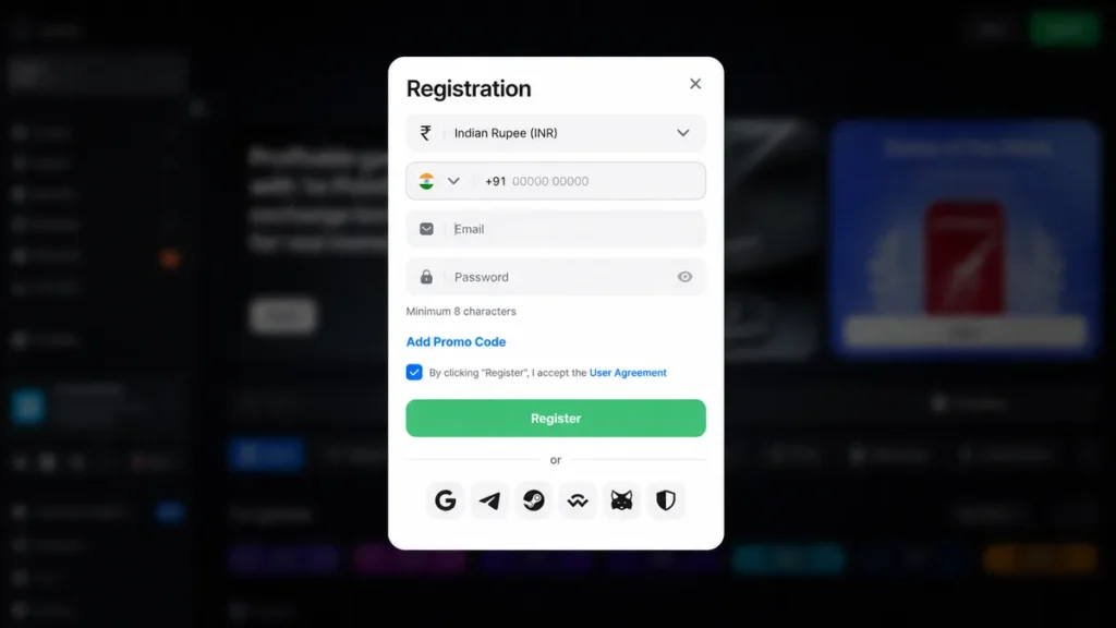 Casino registration form with currency, phone number, email, and password fields
