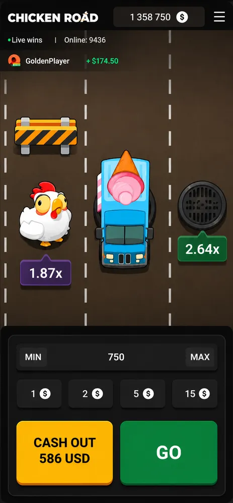 Chicken Road money game interface with multiplier and cash out controls