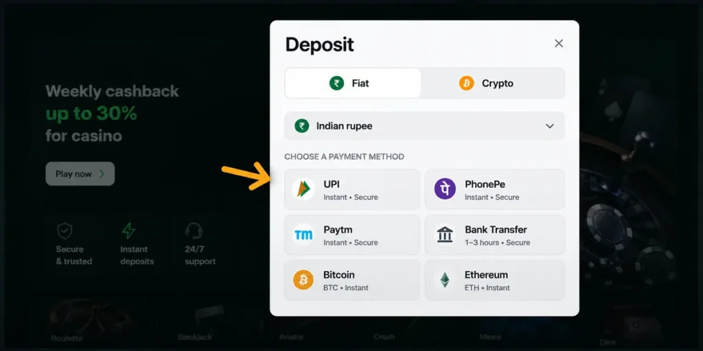 Chicken Road deposit window with UPI, PhonePe, Paytm, bank transfer, and cryptocurrency options